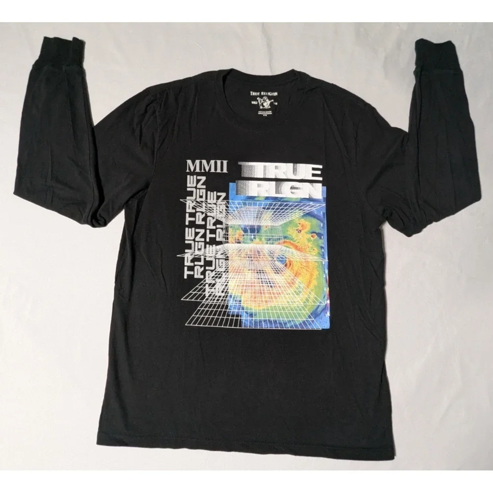 TRUE RELIGION‎ Hurricane Long Sleeve Black Graphic T-Shirt - Men Medium EUC